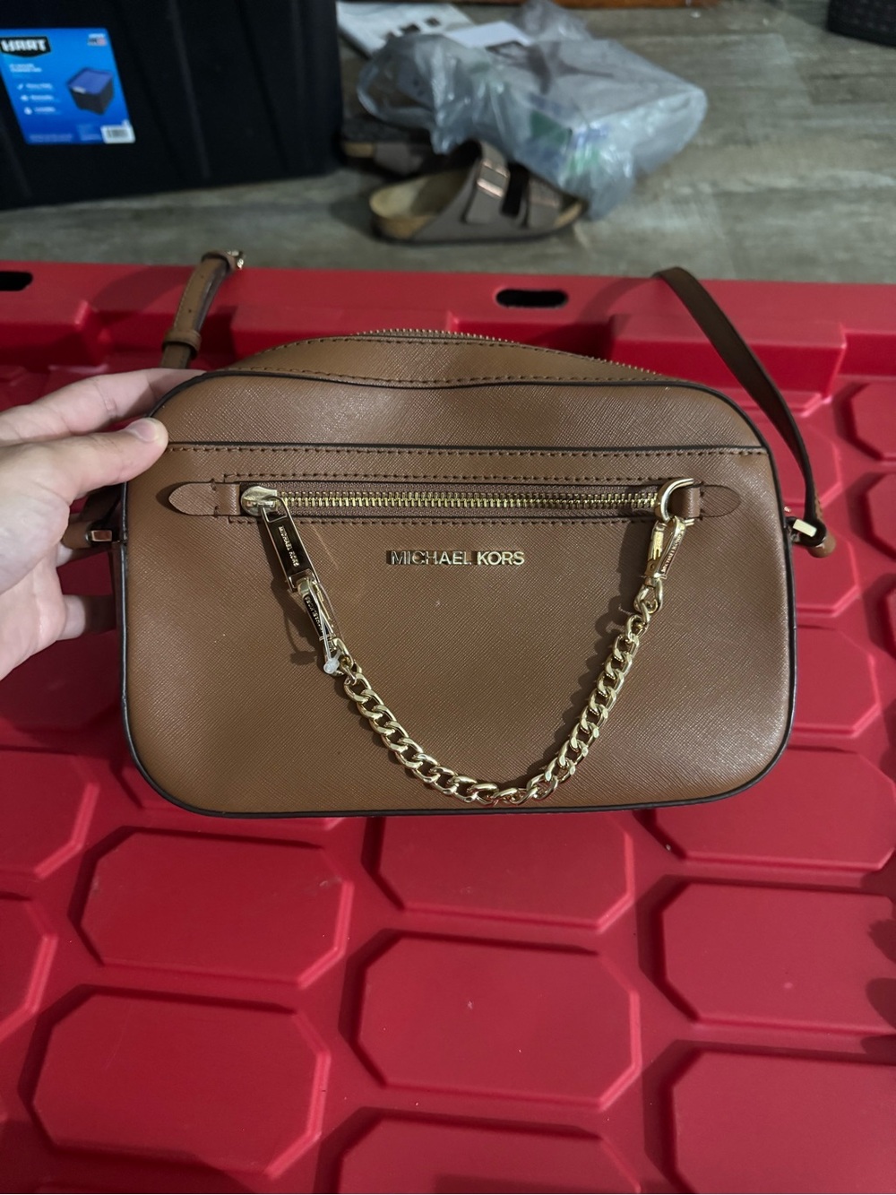 Michael Kors Brown Saffiano Leather Crossbody with Gold Chain Accent - Picture 1 of 8